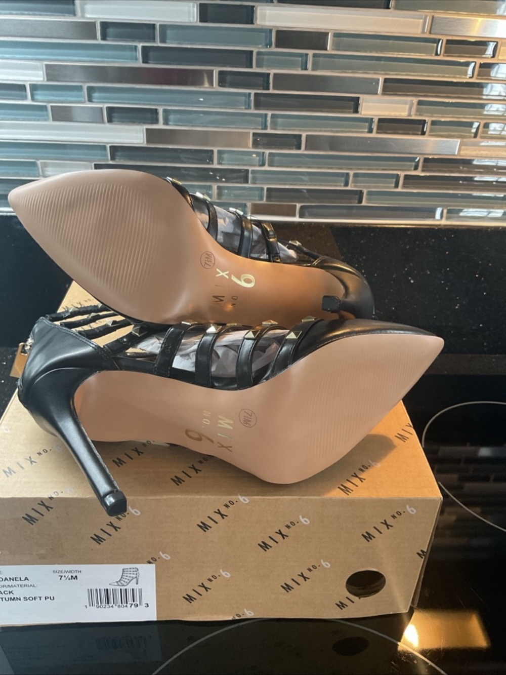 MIX No.6 Danela Black Leather Studded Embellished Stiletto Heel Pumps Size 7.5 - Picture 4 of 9